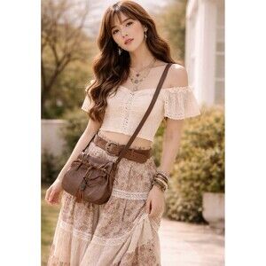 Vintage Y2K Lucky Brand Brown Leather Fringe Boho Crossbody Bag Magnetic Close